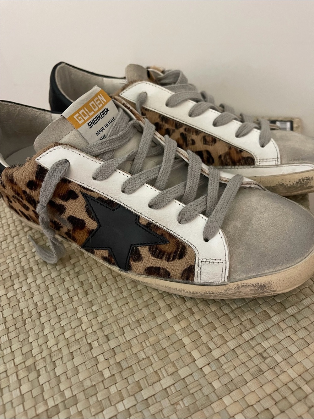 Golden Goose Leopard Haircalf Sneakers with Black Star and Gray Suede
